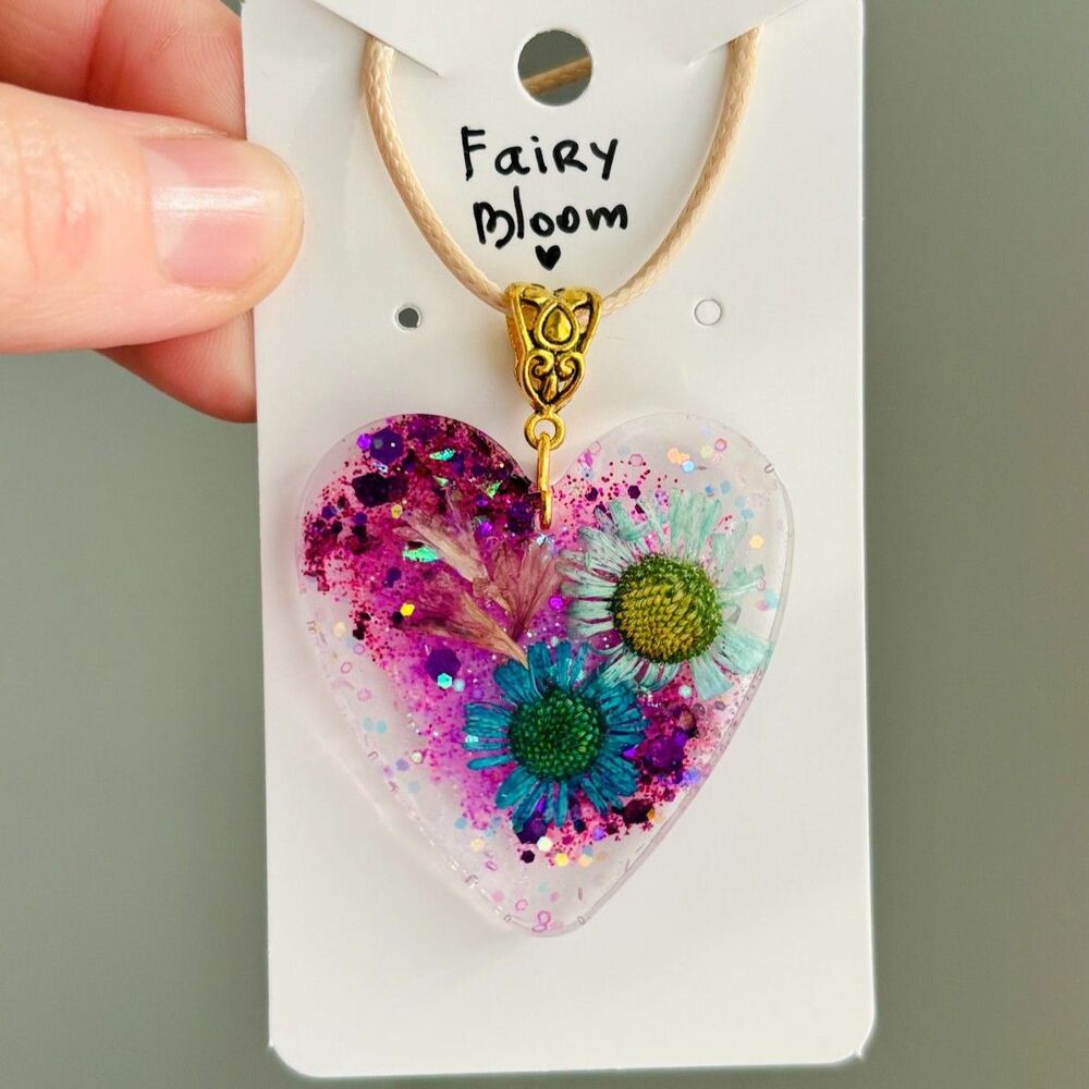 Floral Heart Pendant with Real Flowers, Pink Blue Necklace, Romantic Jewelry